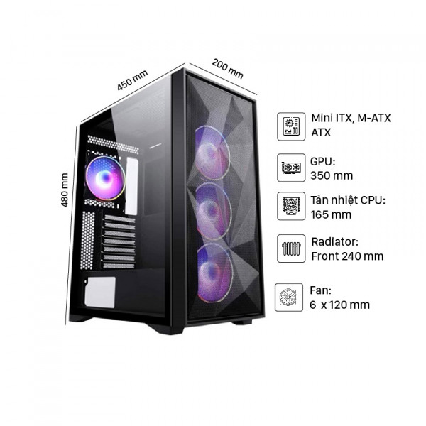 Vỏ Case SAMA 3708 (Mid Tower/Màu Đen/ 3 Fan Led RGB)