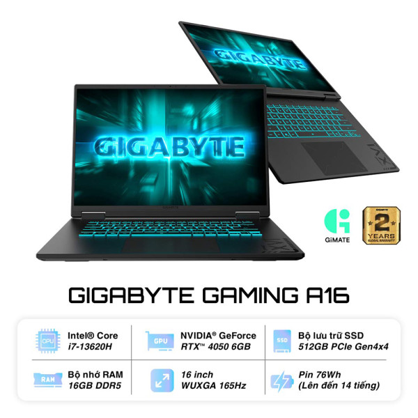 Laptop Gigabyte Gaming A16 CMHI2VN894SH i7-13620H /16GD5/1TBSSD/16.0FHD+/165Hz/WF6E/BT/76Wh/6G_RTX 4050/LEDKB/W11SL/ĐEN 